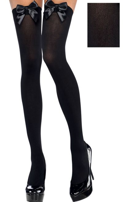 Adult Black Bows Opaque Thigh High Stockings Party City 