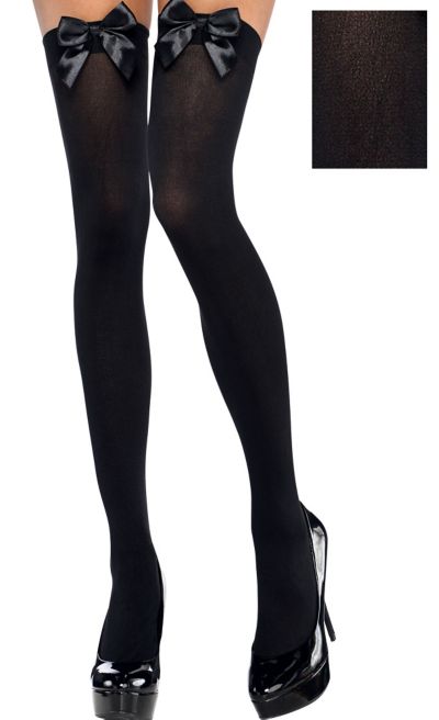 Adult Black Bows Opaque Thigh High Stockings Party City