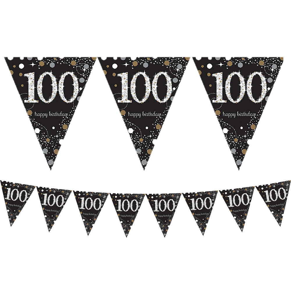 100th Birthday Pennant Flag Banner Black Silver Gold Party Decorations Age 100