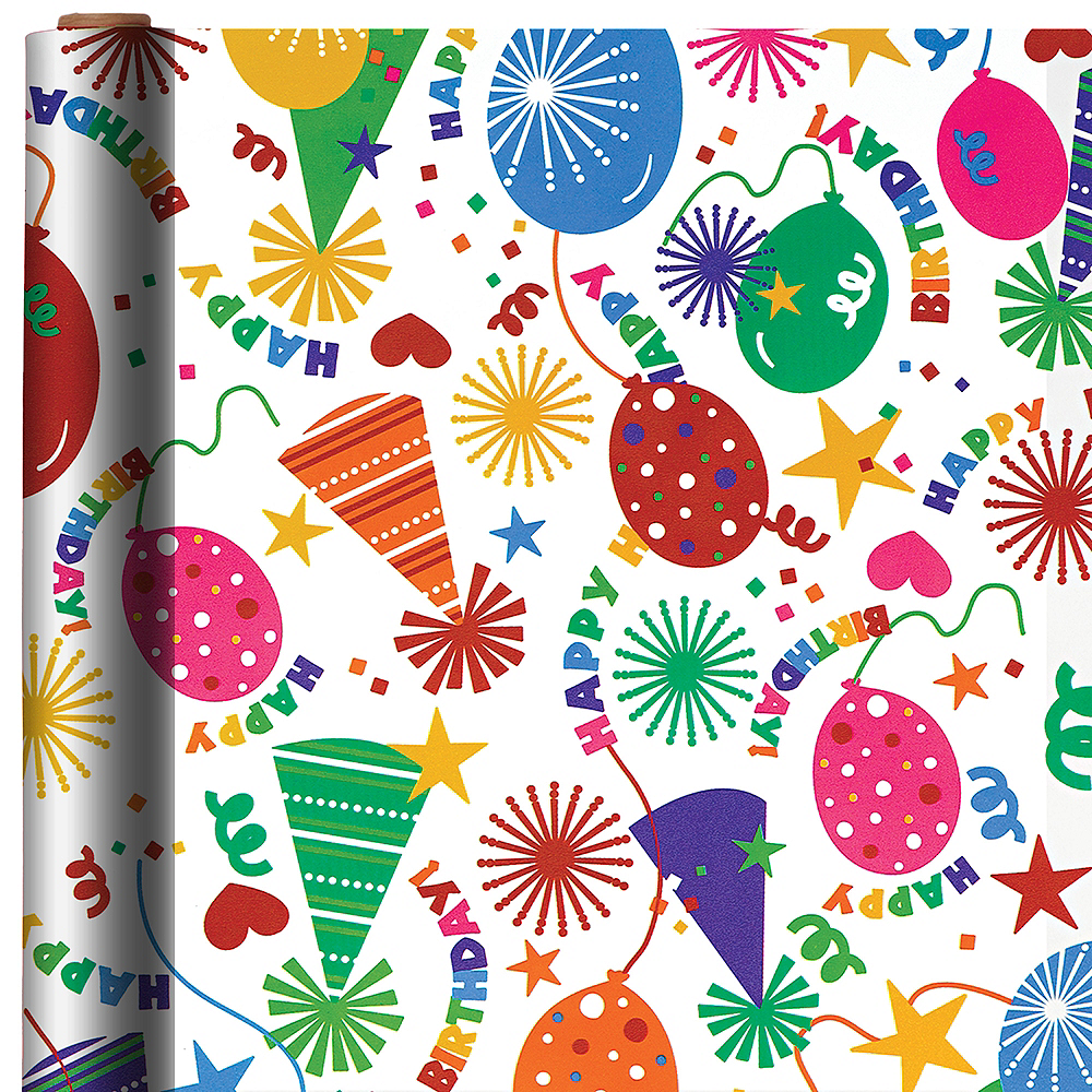 Party Hats Balloons Birthday Gift Wrap 16ft X 30in