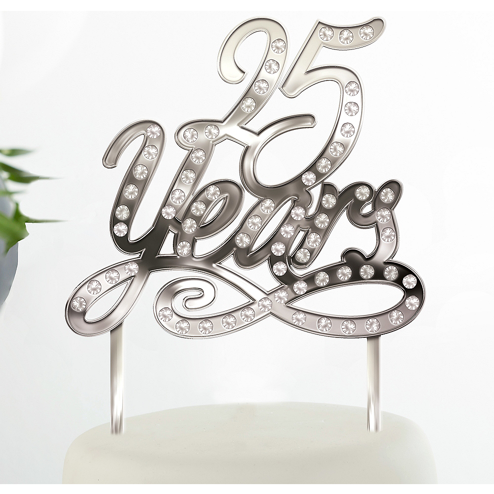 Silver 25th Anniversary Cake Topper 4 1 2in X 5 1 4in Party City
