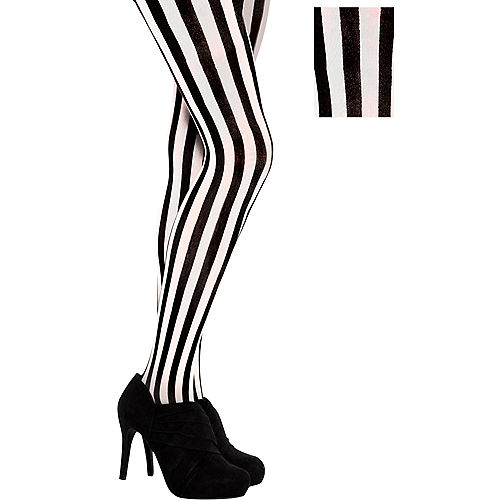Adult Vertical Black & White Striped Tights Image #1