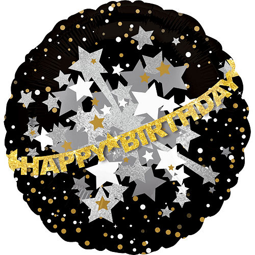Happy Birthday Balloon - Prismatic Black, Gold & Silver 31in Image #1