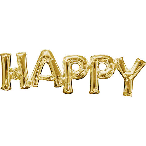 Air-Filled Gold Happy Letter Balloon Banner 30in x 10in Image #1