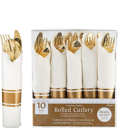 Nav Item for Rolled Metallic Gold Premium Plastic Cutlery Sets 10ct Image #1