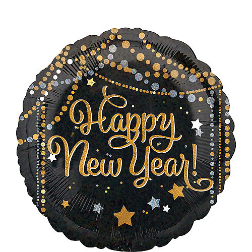 Black, Gold & Silver Dots & Stars Happy New Year Balloon, 18in Image #1