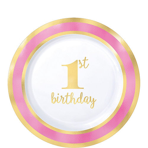 Metallic Pink & Gold 1st Birthday Premium Plastic Dessert Plates 10ct Image #1