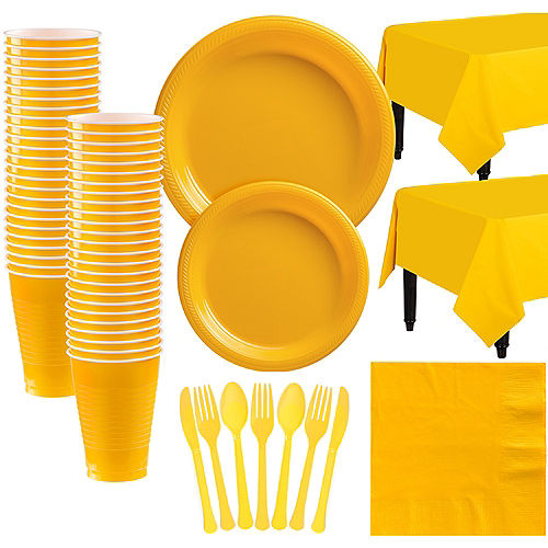 Sunshine Yellow Plastic Tableware Kit for 50 Guests Image #1