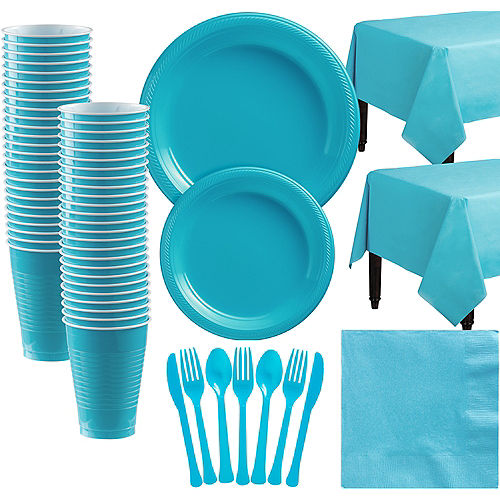 Caribbean Blue Plastic Tableware Kit for 50 Guests Image #1