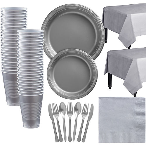 Silver Plastic Tableware Kit for 50 Guests Image #1
