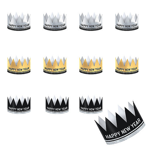 Glitter Black, Gold & Silver Happy New Year Crowns 12ct Image #1