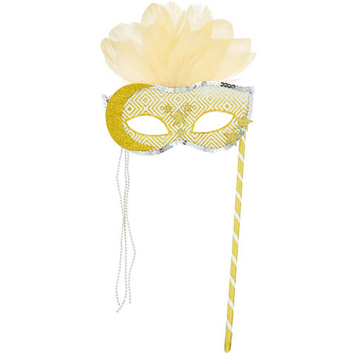 Nav Item for Gold Moon & Stars Masquerade Mask on a Stick Image #1