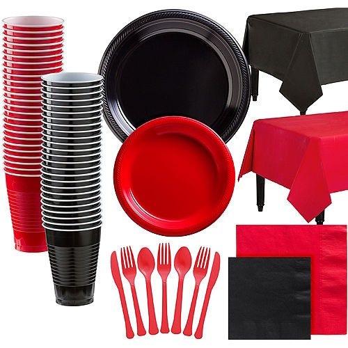 Black & Red Plastic Tableware Kit for 100 Guests Image #1