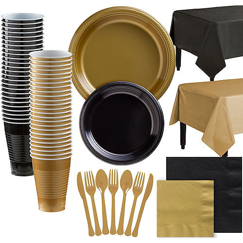 Gold & Black Plastic Tableware Kit for 100 Guests Image #1