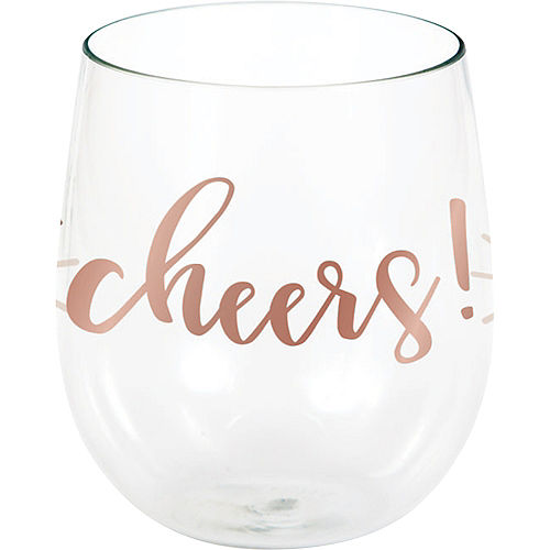 Metallic Rose Gold Cheers Plastic Stemless Wine Glass, 14oz - Rosé All Day Image #1