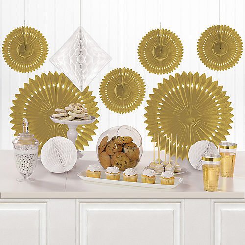 Gold & White Paper Fan & Honeycomb Decorations, 9pc Image #1