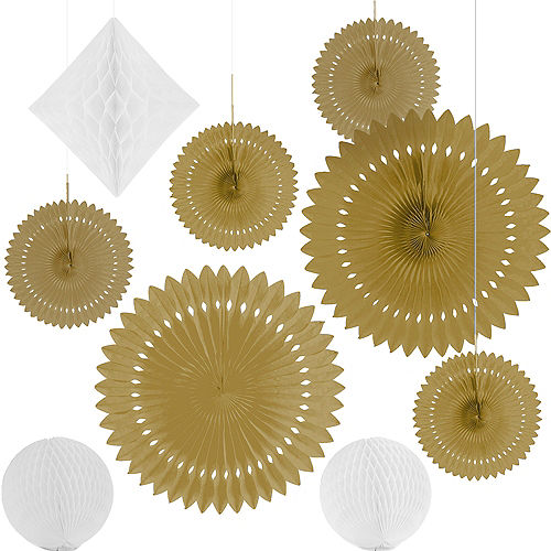 Nav Item for Gold & White Paper Fan & Honeycomb Decorations, 9pc Image #2