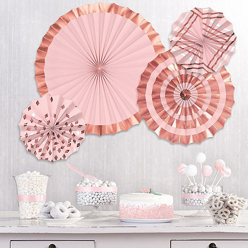 Metallic Rose Gold & Pink Patterned Paper Fan Decorations, 4ct Image #1