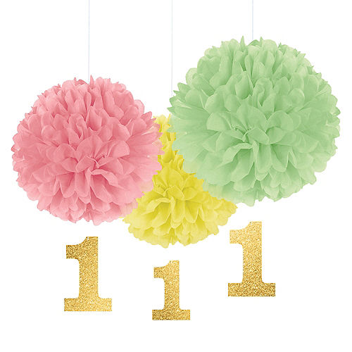 Pastel 1st Birthday Tissue Pom-Poms with Glitter Cutouts 3ct Image #1