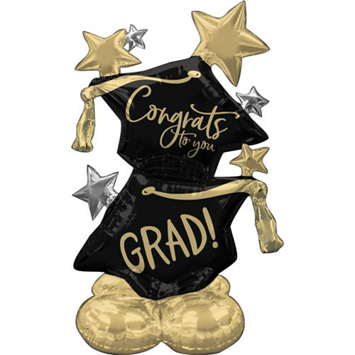 AirLoonz Black, Silver & Gold Congrats Grad Cap & Star Balloon, 51in Image #1