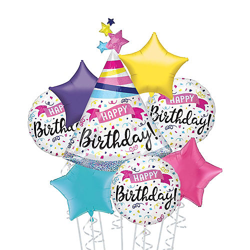 Nav Item for Prismatic Confetti Happy Birthday Deluxe Balloon Bouquet, 8pc Image #1