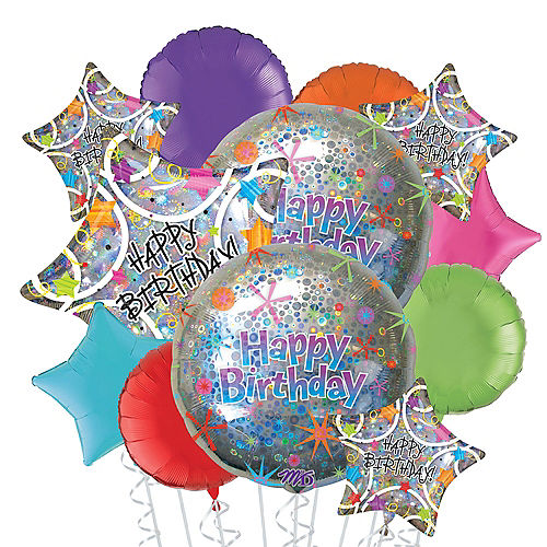 Nav Item for Holographic Happy Birthday Deluxe Balloon Bouquet, 12pc Image #1