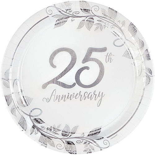 Nav Item for Metallic Silver Happy 25th Anniversary Paper Dinner Plates, 10.5in, 8ct Image #1