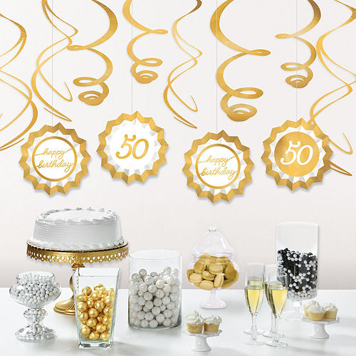 Nav Item for Metallic Golden Age 50th Birthday Paper Fans & Swirl Decorations, 12pc Image #1