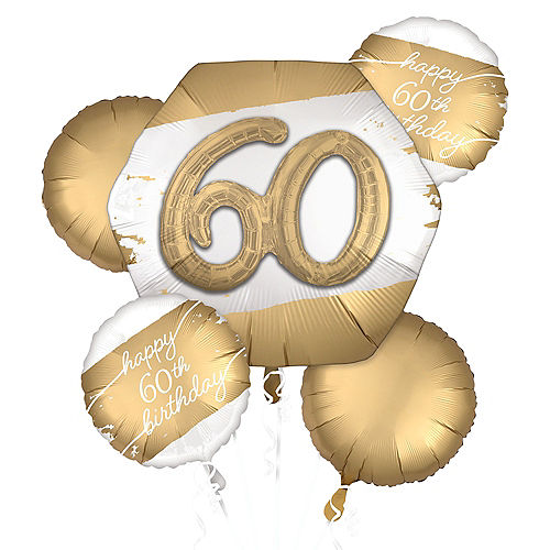 Satin Golden Age Happy 60th Birthday Foil Balloon Bouquet, 5pc Image #1