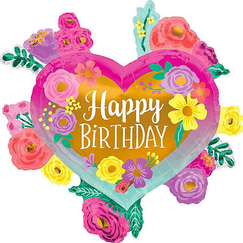 Painted Flowers Happy Birthday Heart Foil Balloon, 27in Image #1