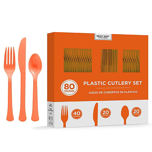 Orange Heavy-Duty Plastic Cutlery Set for 20 Guests, 80ct Image #1