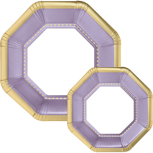 Octoganal Premium Paper Dinner (10.25in) & Dessert (7.5in) Plates with Lavender & Gold Border, 20ct Image #1