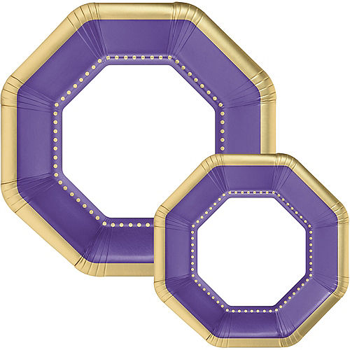 Octoganal Premium Paper Dinner (10.25in) & Dessert (7.5in) Plates with Purple & Gold Border, 20ct Image #1
