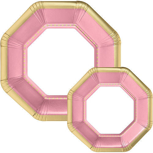 Octoganal Premium Paper Dinner (10.25in) & Dessert (7.5in) Plates with Pink & Gold Border, 20ct Image #1