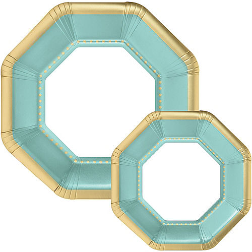 Octoganal Premium Paper Dinner (10.25in) & Dessert (7.5in) Plates with Robin's Egg Blue & Gold Border, 20ct Image #1