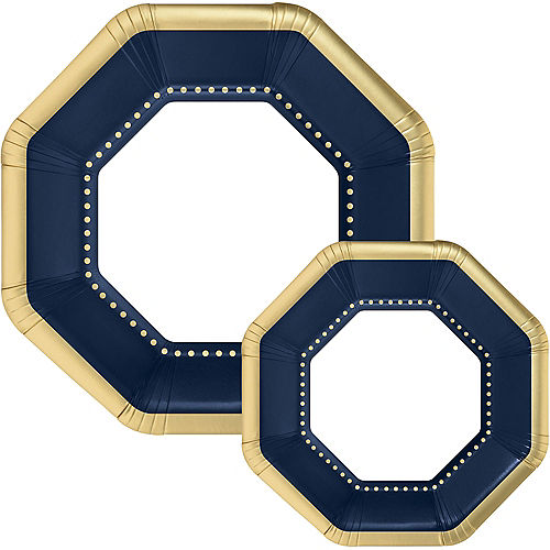 Octoganal Premium Paper Dinner (10.25in) & Dessert (7.5in) Plates with True Navy & Gold Border, 20ct Image #1
