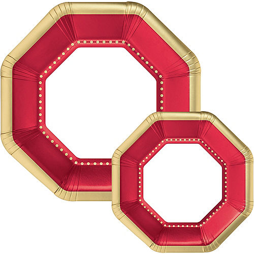 Nav Item for Octoganal Premium Paper Dinner (10.25in) & Dessert (7.5in) Plates with Red & Gold Border, 20ct Image #1