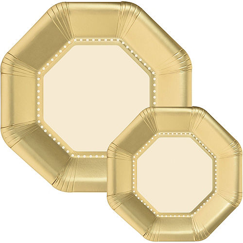 Vanilla Cream Octoganal Premium Paper Dinner (10.25in) & Dessert (7.5in) Plates with Gold Border, 20ct Image #1