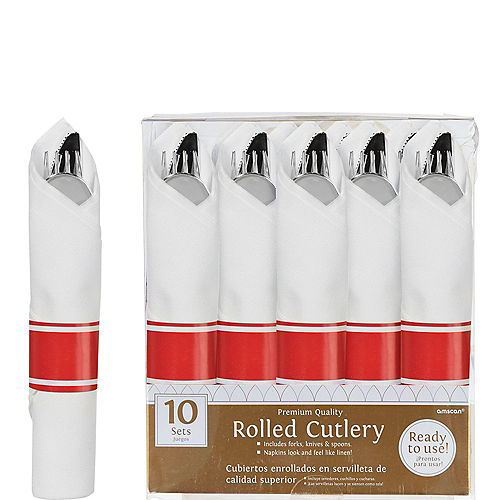 Rolled Metallic Silver Premium Plastic Cutlery Sets, 10ct - Red Band Image #1