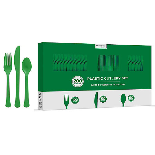 Festive Green Heavy-Duty Plastic Cutlery Set for 50 Guests, 200ct Image #1