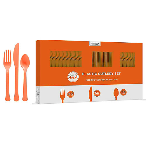Orange Heavy-Duty Plastic Cutlery Set for 50 Guests, 200ct Image #1
