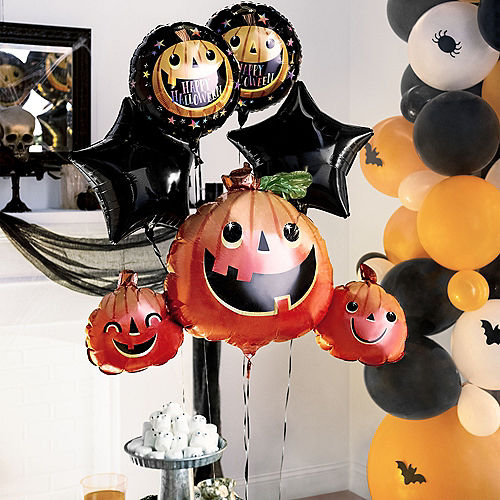 Nav Item for Smiley Pumpkin Halloween Foil Balloon Bouquet, 5pc Image #1