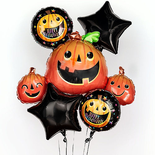 Smiley Pumpkin Halloween Foil Balloon Bouquet, 5pc Image #2