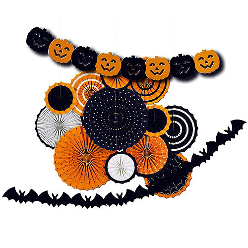 Classic Orange & Black Halloween Paper Fan Decorating Kit, 14pc Image #1