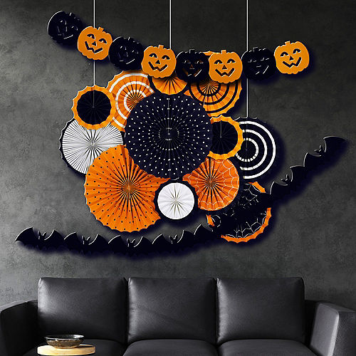 Classic Orange & Black Halloween Paper Fan Decorating Kit, 14pc Image #2