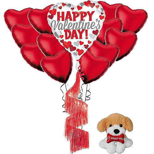 Happy Valentine's Day Heart Balloon Bouquet & Puppy Plush Gift Kit Image #1