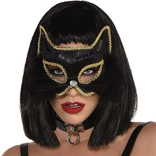 Nav Item for Black & Gold Fabric & Marabou Feather Cat Mask Image #1