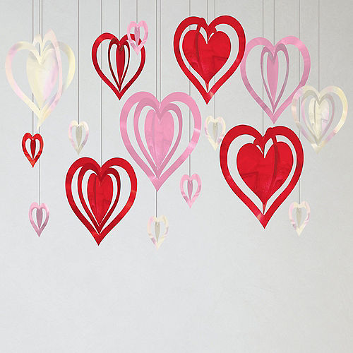 Nav Item for Pink, Red & Iridescent 3D Heart Foil & Plastic Hanging Decorations, 16ct Image #1