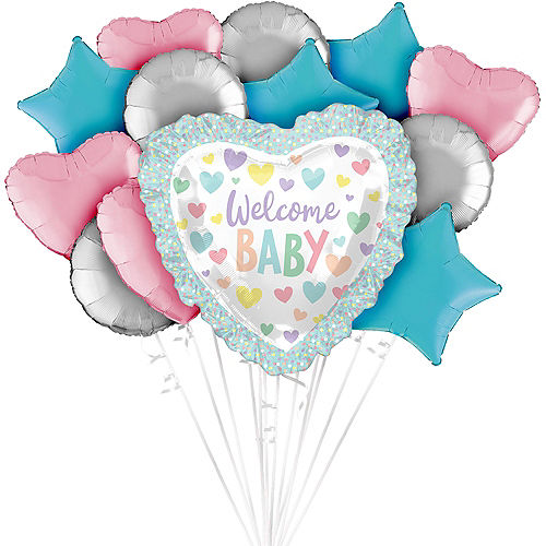 Nav Item for Blue & Pink Ruffled Heart Welcome Baby Foil Balloon Bouquet, 13pc Image #1