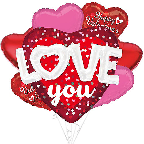 Nav Item for 3D Love You Happy Valentine's Day Heart Foil Balloon Bouquet, 7pc Image #1